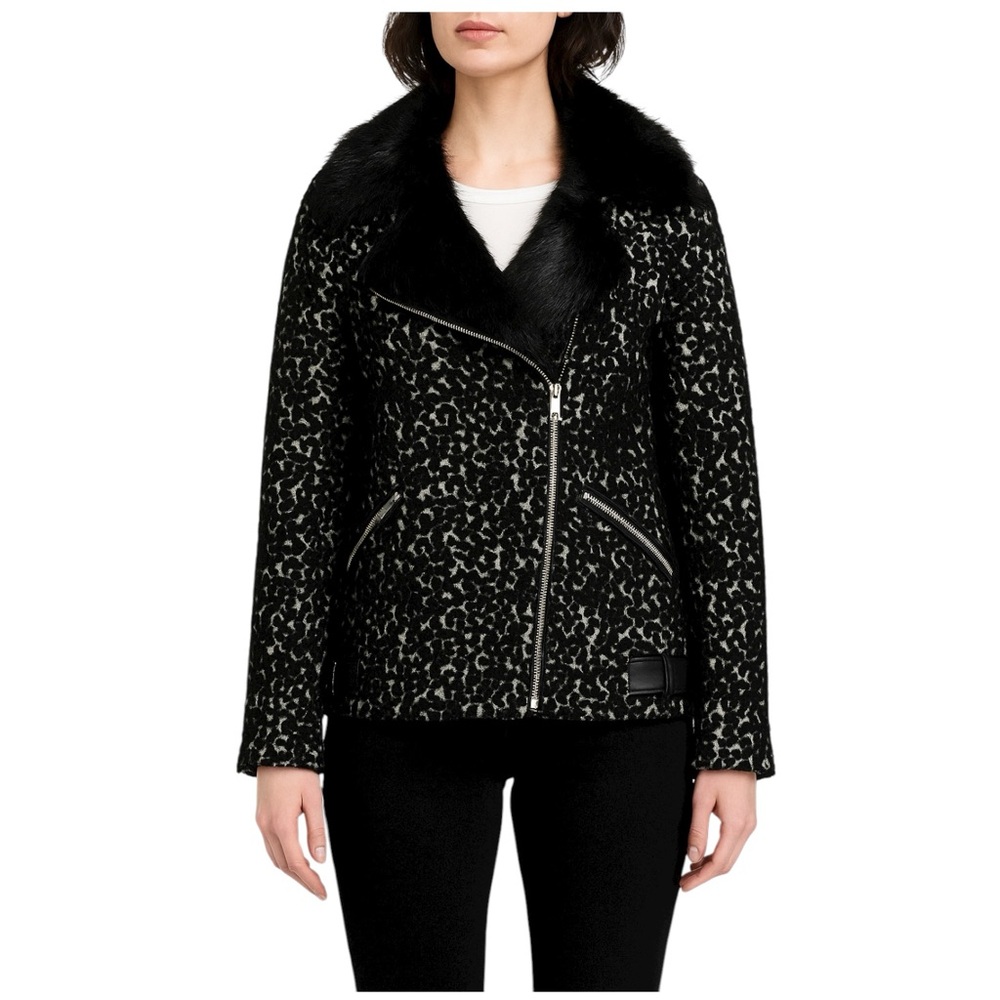 Karen‎ Millen Wool Blend Coat Women’s US 4 Black White Faux Fur Collar Zip Moto